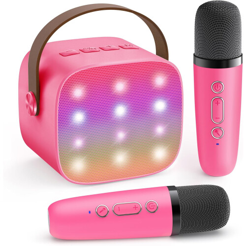Mini karaoke machine with 2 wireless mics purple