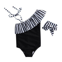 Girls One-Shoulder Stripe Swimsuit for 6–12M, Black Triangle Bikini – Compatible with Baby & Toddler Pool/Beach Use