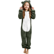 Plüschgefütterter, dicker Einteiler-Pyjama mit Bärenohren + Kapuzenpyjama-Set, Größen 3-12 Jahre, 140 g, Armeegrün