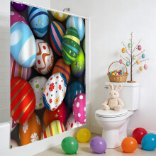 Perdea de duș drăguță cu iepuraș de Paște și design floral colorat, 182x119 cm, 12 cârlige, compatibilă cu căzile de baie standard