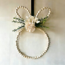 40 cm grote paaskrans met houten kralen in de vorm van een konijn, met kunstbloemen, voor de voordeur, bruiloft, slaapkamer, lente en feestdecoratie.