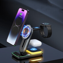4-i-1 trådlös laddare med nattlampa, Qi magnetiskt stativ för iPhone, Samsung Galaxy, Apple Watch och AirPods – kompatibel med alla