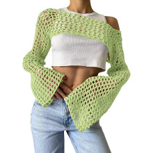 Cache-maillot de bain pour femme, blouse en maille unie à manches longues et col rond, avec découpes, taille S, vert
