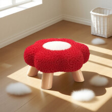 Flower-Shaped Wooden Stool with Plush Cushion, Red