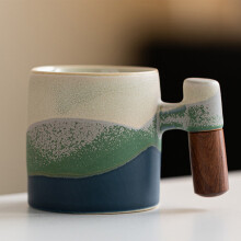 Ceramic Espresso Cups with Wooden Handle, Small Coffee Cups Double Shot Espresso Cups,Rough Pottery Cute Small Tea Cup with Gradient Glaze