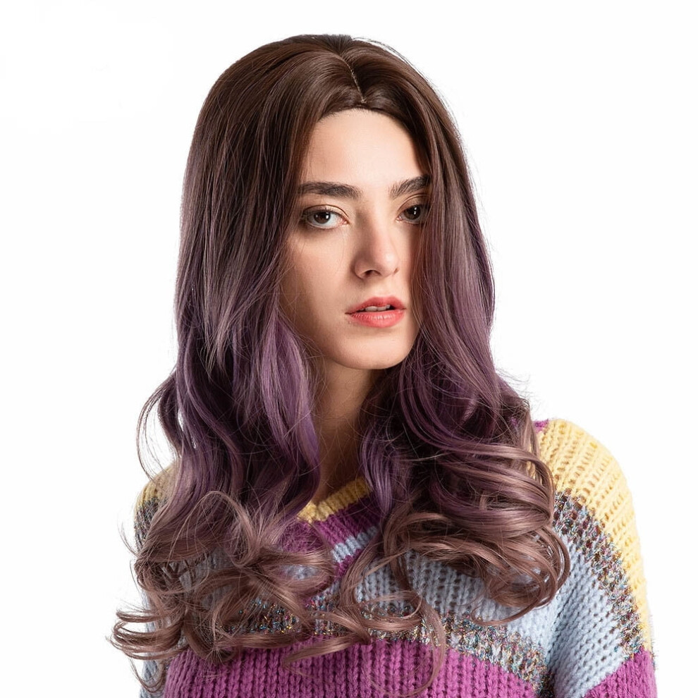 Novel Gradient Purple Long Curly Woman Wig Simulation Hair Wigs + Free Wig Cap