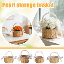 Panier décoratif en osier fait main pour demoiselle d'honneur, avec anse en perle et ruban de soie – Panier à œufs/bonbons pour mariages,