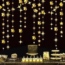 Décoration d'anniversaire dorée pour les 16 ans : guirlande d'étoiles scintillantes, banderole métallique et bannière pour filles/garçons –