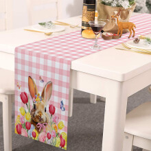 Chemin de table « Joyeuses Pâques » – Lapin et tulipes en vichy rose, 35,5 x 183 cm, Décoration printanière en lin style ferme, Centre de
