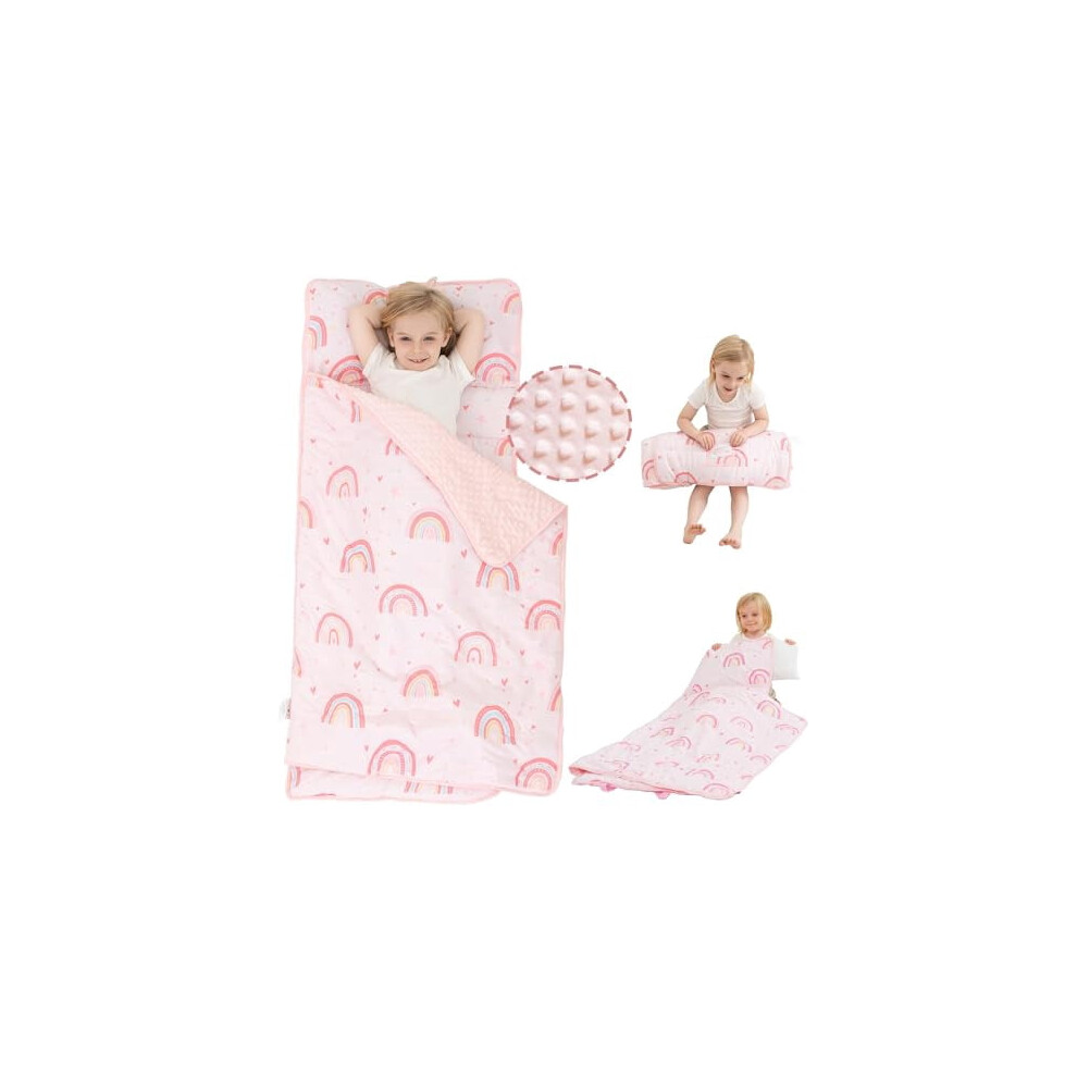 Toddler Nap Mat With Pillow & Minky Dot Blanket, Large Thick Rolled Sleeping Bag For Preschool, Daycare, Kindergarten, Travel— Rainbow Pink