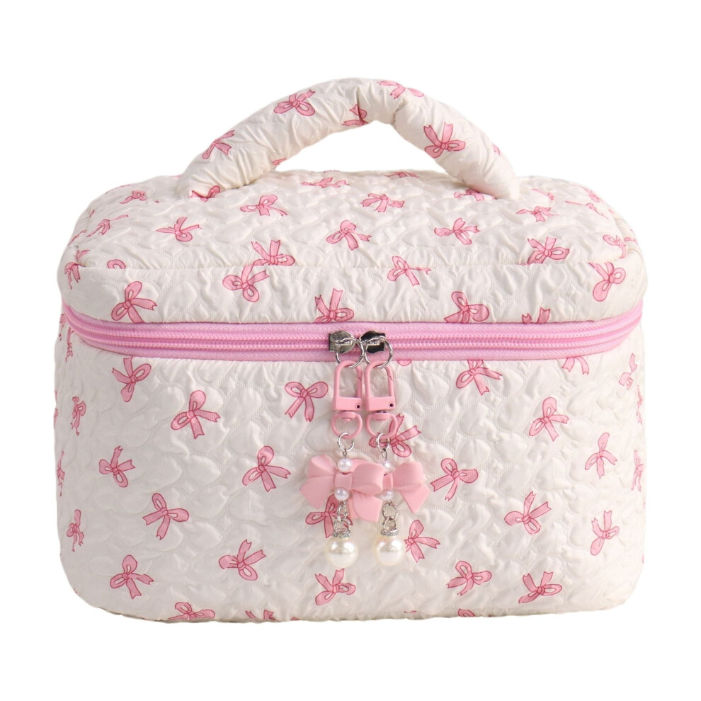 Cute Bow Pattern Quilted Cosmetic Bag, Portable Travel Cosmetic Storage Bag with Zipper and Charms, Fashionable Toiletry Bag for Women