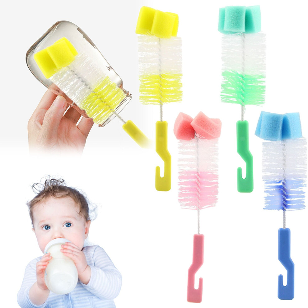 3-in-1 Baby Bottle Brush Sponge & Nipple Cleaner, Flexible Long Handle, BPA-Free, Compatible with Standard Bottles