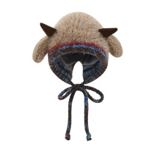 Winter Warm Plush Faux Fur Knitted Animal Beanie with Sheep Ears & Ear Flaps, Thick Lining – Compatible with Cold Weather (Khaki)