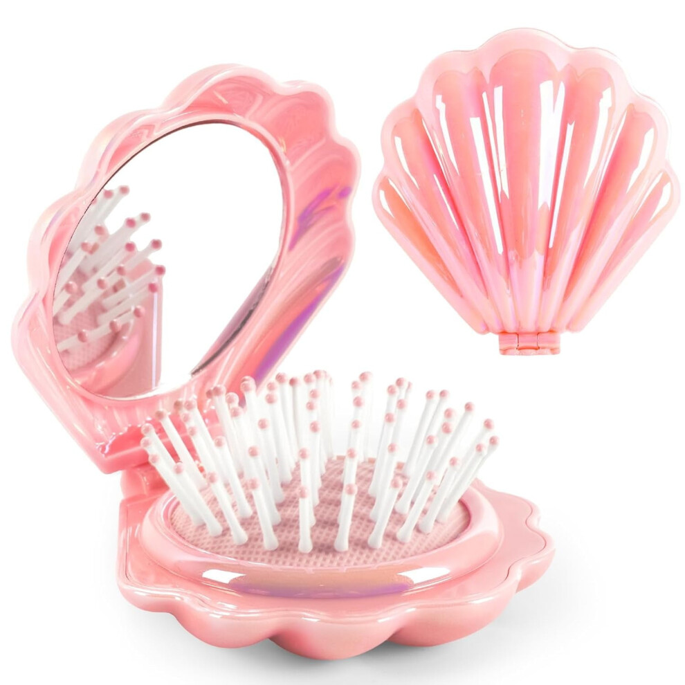 Pink Metallic Foldable Travel Hair Brush with Mirror, Pocket-Sized Hair Comb & Massager