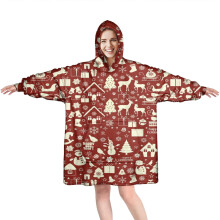 Wearable Oversized Blanket Hoodie, Red Christmas Icon Pattern, Cozy Fuzzy Pullover with Super Pockets – Compatible with Adults