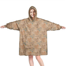 Wearable Oversized Blanket Hoodie, Brown Chicken/Duck Pattern, Cozy Fuzzy Pullover with Super Pockets – Compatible with Adults