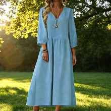 Women's Fashion Solid Color Linen Dress Loose Short Sleeve V Neck Casual Dress Breathable Summer Vacation Dresses for Women