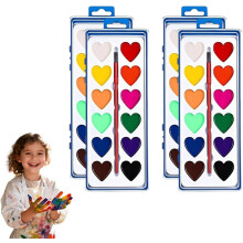 Valentine's Day Mini Watercolor Paint Set, 16 Colors + 2 Brushes, Washable Heart-Shaped Watercolors, Compatible with Kids' Art Projects