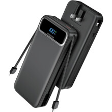 Batería externa de 20000 mAh con cables integrados y enchufe de CA.