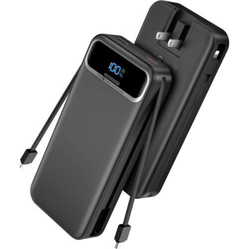 Batería externa de 20000 mAh con cables integrados y enchufe de CA.