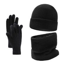 Winter Hat Scarf Gloves Set, Men's & Women's Slouchy Cuffed Beanie, Fleece Lined Neck Warmer, 3-Piece Knit Set, Cold Weather Accessories Black