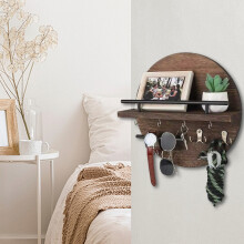 Wall-Mounted Round Wood Organizer with Hooks for Keys & Sunglasses – No-Damage Entryway Shelf (Brown), Compatible with Standard Walls