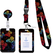 Butterfly Slide Card Lanyard Wristlet Keychain With Secure Push-Close Mechanism For Id Badges Keys And Phone Accessories Multi-Functional Card Holder