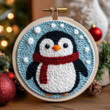 DIY Punch Needle Kit: Cartoon Penguin Christmas Tree, Easy for Beginners, Includes Hoop & Yarn – 20x20cm Embroidery Set