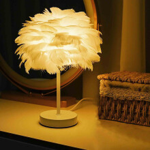 White Feather Table Lamp with Wooden Base – Soft Light Bedside/Desk Lamp for Bedroom, Living Room – Elegant Ambient Lighting Fixture