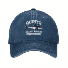 Quint's Shark Fishing Denim -lippalakki, Amity Island 1975, ulkokäyttöön, aurinkosuojalla varustettu, hiphop-isänhattu, miesten ja naisten