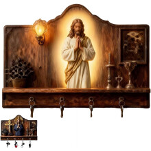 Wooden 2D Jesus Communion Key Ring Holder with 4 Hooks, Christian Wall Art & Welcome Sign – Compatible with Home Entryway Decor