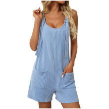 Macacão curto azul claro liso sem mangas com bolsos – Macacão leve e confortável, ideal para dias quentes, tamanho M, perfeito para o verão.