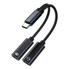 USB-C splitter 1 ingang 2 uitgangen, dubbele USB-C hoofdtelefoonoplaadadapter, Type-C geluidsadapter, PD60W snellaadkabel