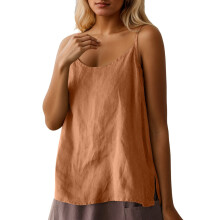 Canotta da donna in lino, modello ampio stile bohémien, top casual giallo puro – Adatto per l'uso quotidiano e per uscire
