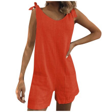 Macacão feminino laranja sem mangas com alças e bolsos, modelo leve e casual – confortável para o dia a dia, tamanho 3XL, ideal para o verão.