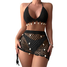 Dames strandkleding zomer 2-delige outfits met schelpen, haltertop, gehaakte bikinitop en minirok set