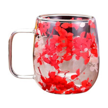 Mug en verre double couche 200 ml à pétales rouges – Fleurs séchées – Idéal pour le café, les jus et les boissons chaudes/froides
