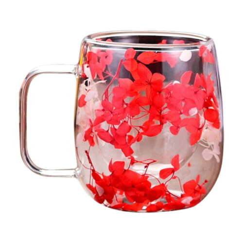 Γυάλινη κούπα Clearance Red Petals Double-Layer200ml με αποξηραμένα λουλούδια – Κύπελλο με ξηρά