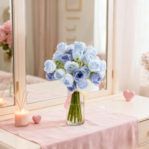 27-Head Blue Artificial Rose Bouquet for Valentine's Day 2