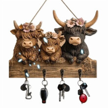 9.8in*7.4in Highlands Cow Wooden Wall Hook, Highland Cattle Key Holder Wall Mount, Bullhead Animal Towel Hook Coat Hanger