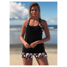 Zwarte short met bloemenprint voor over je badpak - Strandbadkleding voor dames, afslankend voor de buik, tweedelig badpak, cover-up voor een dagje