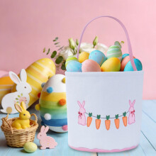 Velikonoční košík s králíkem 8,66 x 9,06", bílá plátěná skládací taška s motivem králíka a mrkve, růžová – 1 ks