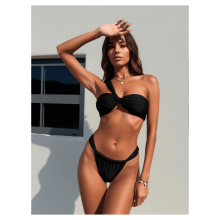 Women's Bandeau Bikini Set - Black One Shoulder Swimsuit High Waisted Ruched Swimwear Twist Front Bathing Suit for Women Teens