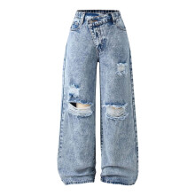 Girls Pants,Girls Denim Pants Trousers Loose Fit Distressed Wide Leg Casual Unique Asymmetrical Design,Travel Pants,Blue,11-12 Years