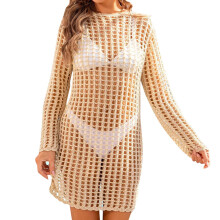 Women's Crochet Hollow Knit Swimsuit Coverup Dress – Loose Fit Beach Cover Up, Beige, S, compatible with swimwear