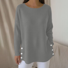 Damen-Pullover mit Rundhalsausschnitt, langen Ärmeln, Knöpfen und Seitenschlitzen, einfarbig, weich und atmungsaktiv – ideal für Zuhause, Büro