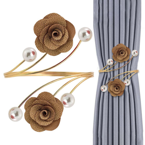 Embrasses de rideaux dorées, roses et perles – Paire