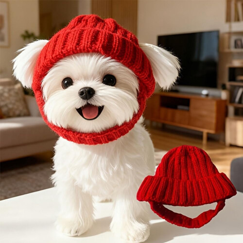 Gorro de punto rojo para perro con orejeras 1