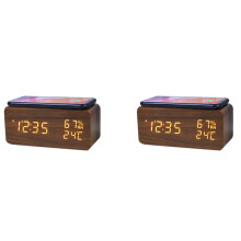 2X Réveil Numérique, Température et Humidité Réveil LED Horloge électronique Téléphone Intelligent Chargeur Sans Fil (Marron)