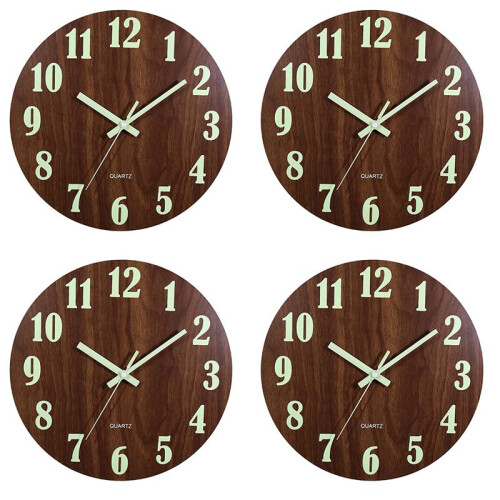 4X Relógio de Parede Luminoso, Relógios de Parede Silenciosos de Madeira de 12 Polegadas Sem Tique-Taque para Sala de Estar Interna/Externa